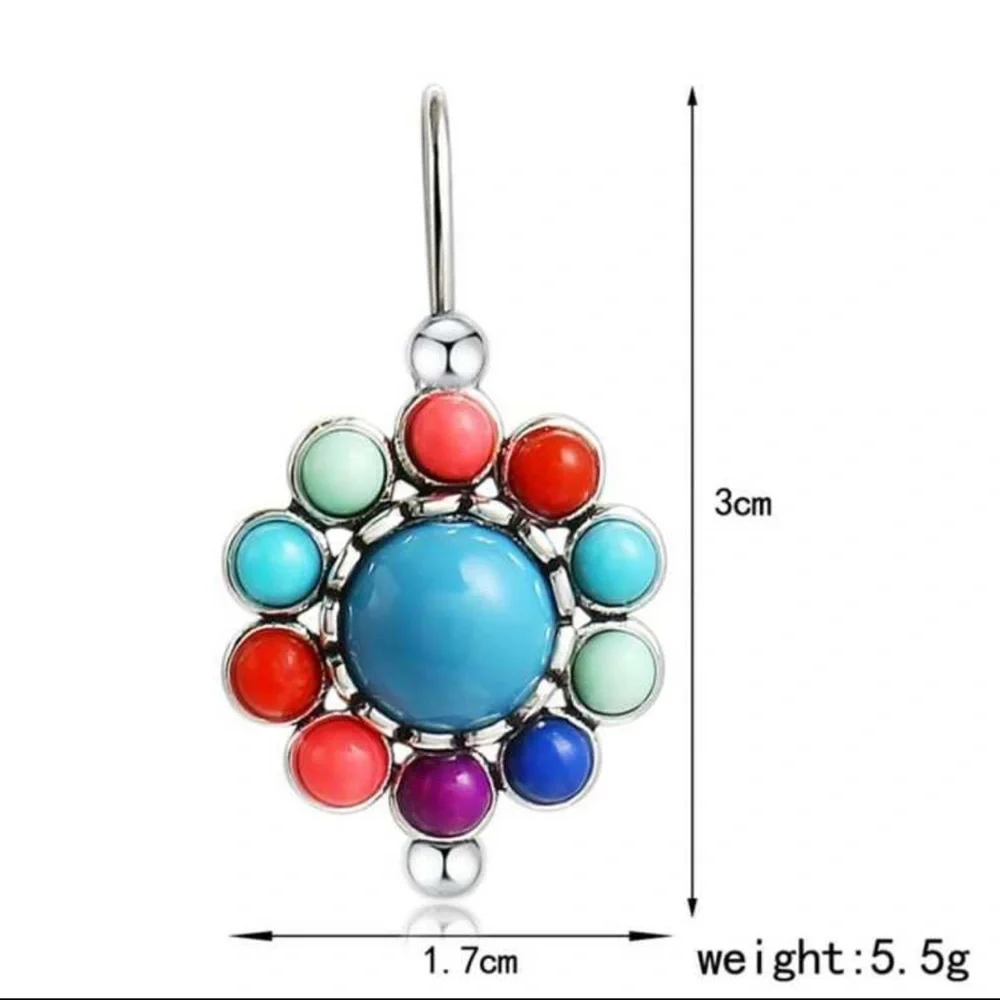 Mixed Stone Silvertone Pendant Bead Boho Turquoise Blue Colorful Dangle Earrings - Picture 7 of 7